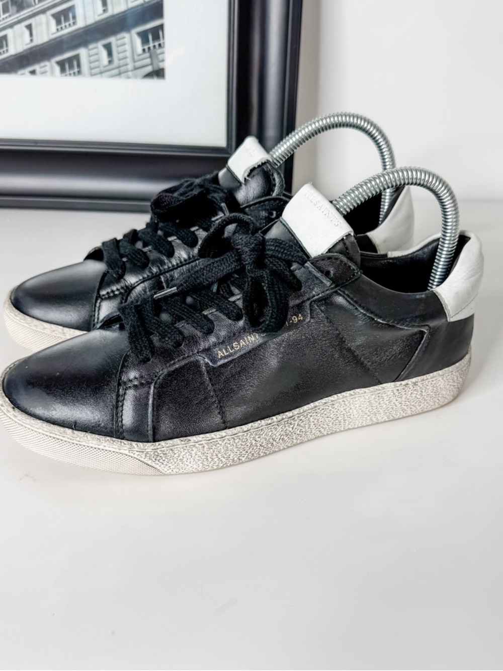 AllSaints Black Leather Low Top Sneakers White Heel | Size 38